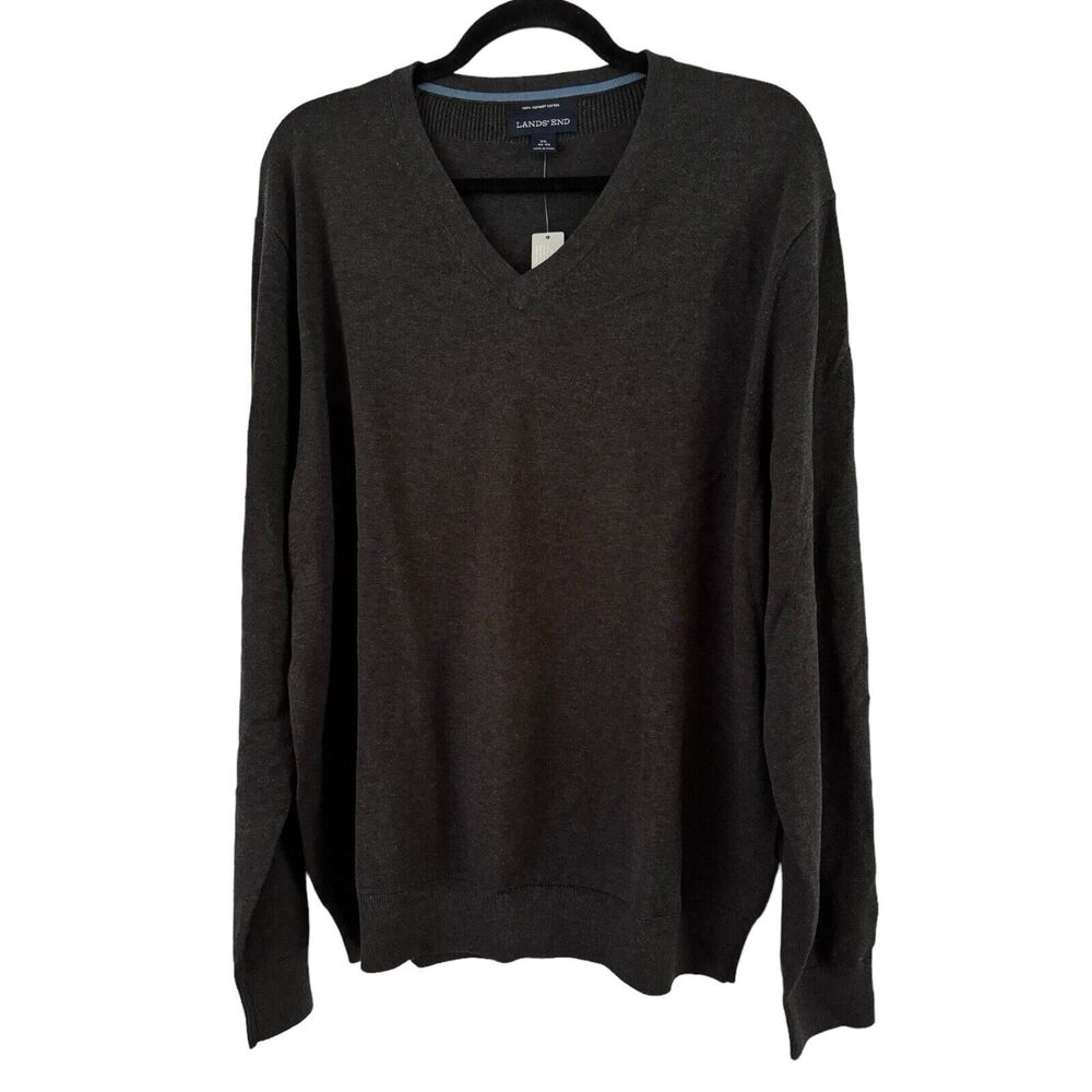 NWT Lands End Dark Gray V Neck 100% Supima Cotton Pullover Sweater Men’s Size XL